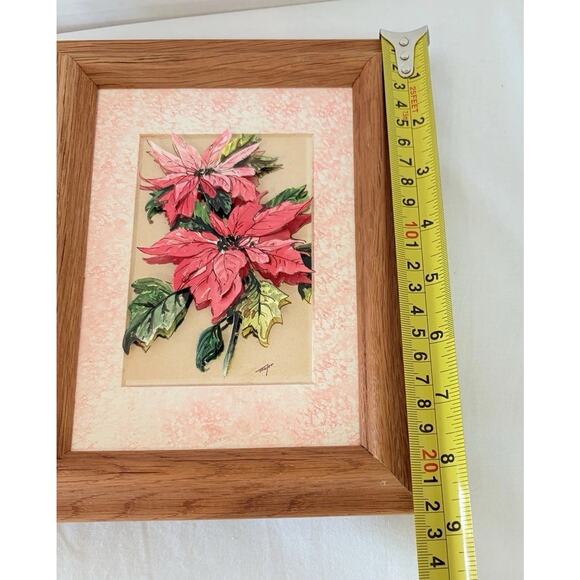 Framed 3D Poinsettia Floral Art Print With Oak Wood Frame - Picture 6 of 8